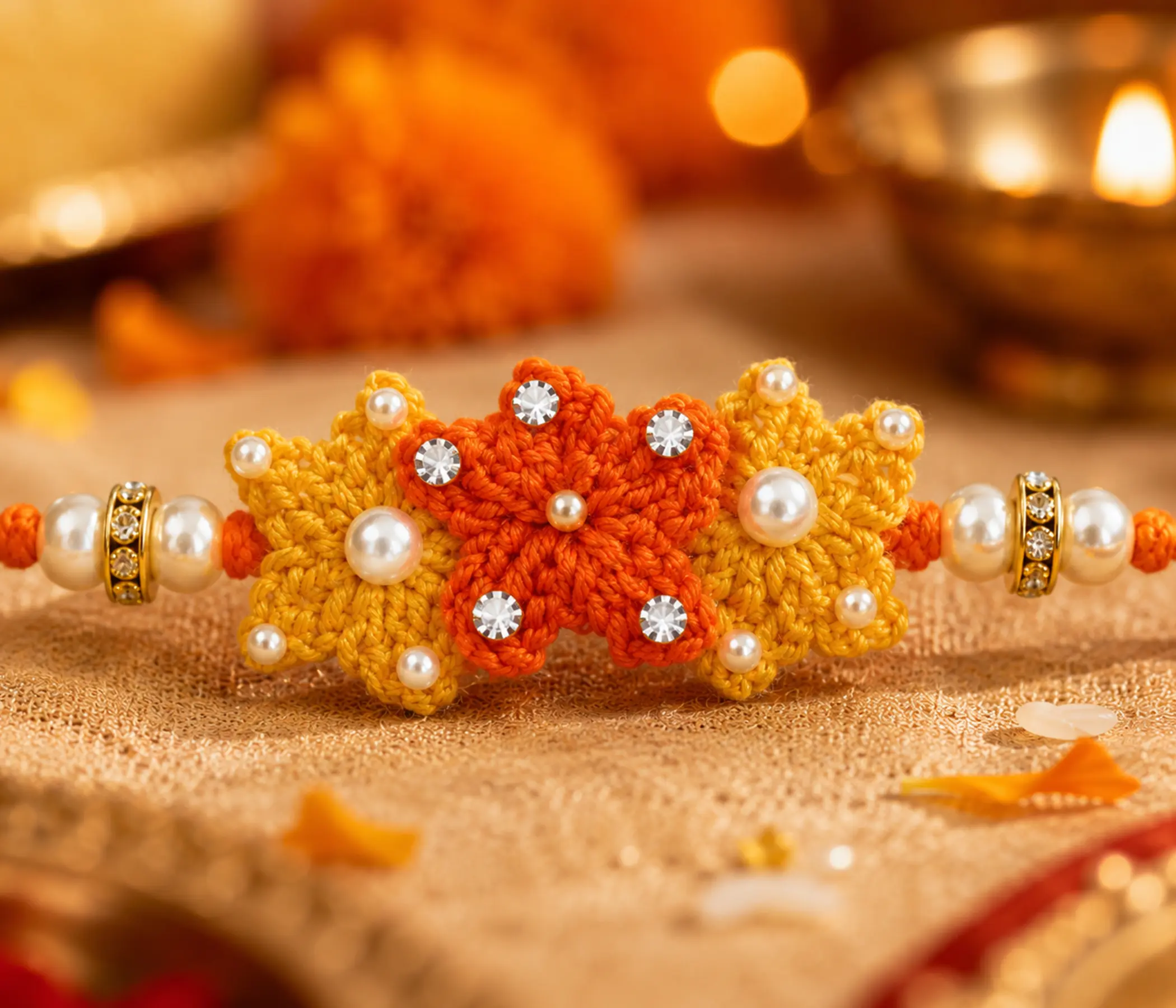Festive Marigold Tri-Blossom Handcrafted Crochet Rakhi